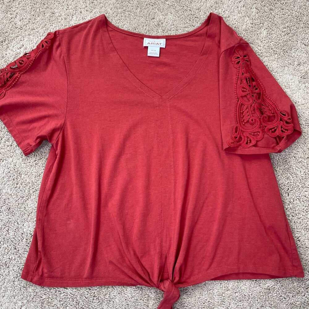 Ariat Shirt Womens M Red Tie Front Crochet Sleeve Western Country Bohemian